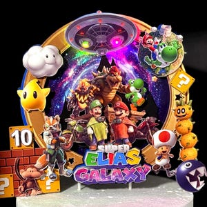 Super Mario Galaxy Tortenaufsatz | Personalisierte LED-Partydekoration mit Namen und Alter