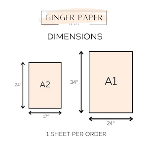 K&ouml;nnte beinhalten: Illustration mit den Abmessungen der Drucke A1 und A2. Der A2-Druck ist 43 cm breit und 61 cm hoch. Der A1-Druck ist 61 cm breit und 86 cm hoch. Der Text "GINGER PAPER PRINTS" befindet sich oben.