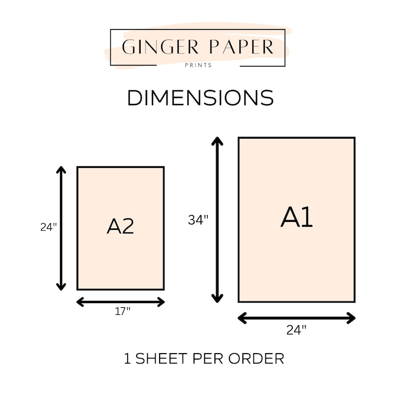 K&ouml;nnte beinhalten: Illustration mit den Abmessungen der Drucke A1 und A2. Der A2-Druck ist 43 cm breit und 61 cm hoch. Der A1-Druck ist 61 cm breit und 86 cm hoch. Der Text "GINGER PAPER PRINTS" befindet sich oben.