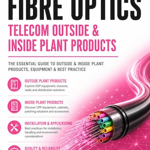 May include: A training manual cover titled Fibre Optics Telecom Outside & Inside Plant Products Session 6. The design features bold black and pink text, four circular icons, and a graphic of a black fiber optic cable with colorful strands.