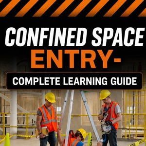 May include: A safety training graphic with the text "Confined Space Entry - Complete Learning Guide." Three workers in high-visibility vests and hard hats are shown, one being secured with safety equipment. The background features caution tape and industrial structures.