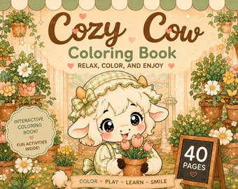 Cozy Cow Coloring Book PDF | Cute Kawaii Animal Coloring Pages | Printable Cottagecore Coloring Book + Bonus