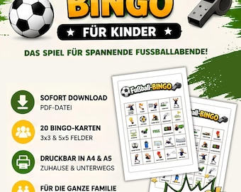 Fußball Bingo für Kinder zum Ausdrucken | 20 Karten 3x3 & 5x5 | WM 2026 Spiel | Beschäftigung beim Fußball | PDF Sofort-Download | A4 A5