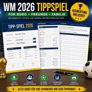 WM 2026 Tippspiel Vorlage zum Ausdrucken | Fußball Weltmeisterschaft Tippschein PDF | 48 Teams · 104 Spiele | Sofort-Download