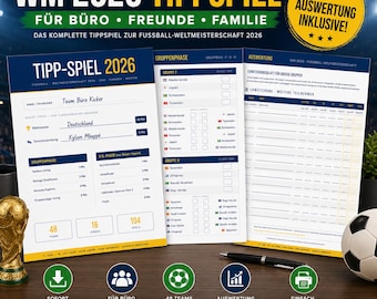 WM 2026 Tippspiel Vorlage zum Ausdrucken | Fußball Weltmeisterschaft Tippschein PDF | 48 Teams · 104 Spiele | Sofort-Download