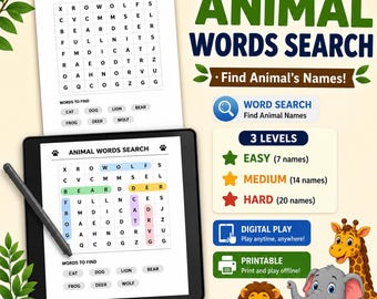 Woordzoekpuzzel dieren voor kinderen | Afdrukbare activiteit (direct downloaden)