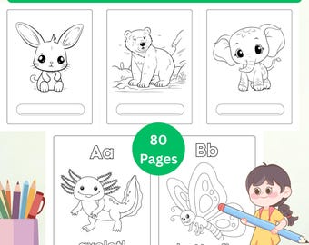80 Pages Animal With Alphabets Coloring Book for Kids | Educational Activity (Digital Download)