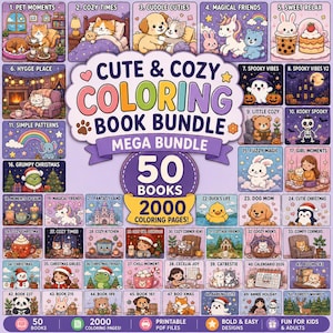 May include: A colorful illustration of a coloring book bundle with 50 books and 2000 coloring pages. The cover features the text "Cute & Cozy Coloring Book Bundle" with various themed illustrations, including animals, holiday scenes, and cozy settings.