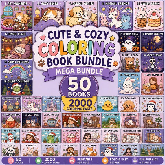 Cozy Coloring Book Bundle | 50 Books, 2000+ Pages (Digital Download)