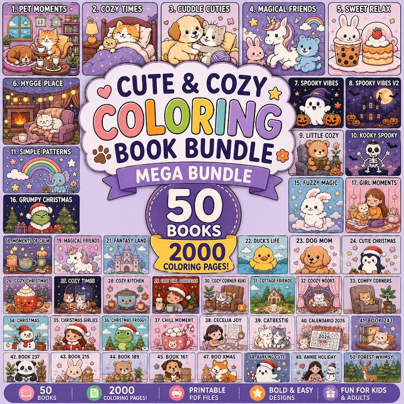 May include: A colorful illustration of a coloring book bundle with 50 books and 2000 coloring pages. The cover features the text "Cute & Cozy Coloring Book Bundle" with various themed illustrations, including animals, holiday scenes, and cozy settings.