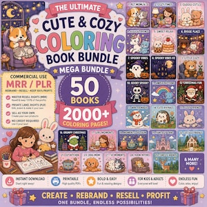 May include: A digital coloring book bundle with the text "The Ultimate Cute & Cozy Coloring Book Bundle." The image features 50 books with over 2000 coloring pages, including themes like "Pet Moments," "Cozy Times," and "Christmas Fun." It also includes commercial use rights.
