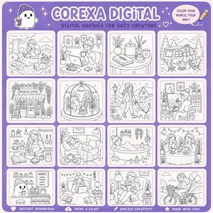May include: A digital art print featuring a grid of cozy illustrations, including scenes of reading, working on a laptop, and enjoying coffee. The text "COREXA DIGITAL" and "DIGITAL GOODIES FOR COZY CREATORS" are displayed at the top. Additional text includes "COLOR YOUR WORLD, YOUR WAY!", "INSTANT DOWNLOAD", "PRINT & ENJOY", "ENDLESS CREATIVITY", and "MADE WITH LOVE".