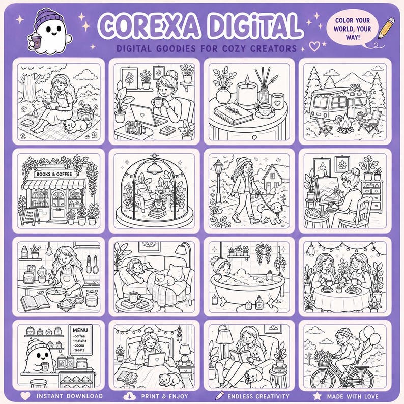 May include: A digital art print featuring a grid of cozy illustrations, including scenes of reading, working on a laptop, and enjoying coffee. The text "COREXA DIGITAL" and "DIGITAL GOODIES FOR COZY CREATORS" are displayed at the top. Additional text includes "COLOR YOUR WORLD, YOUR WAY!", "INSTANT DOWNLOAD", "PRINT & ENJOY", "ENDLESS CREATIVITY", and "MADE WITH LOVE".