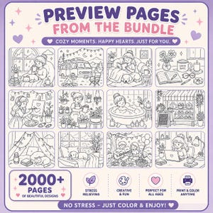 May include: A purple and white graphic with the text "PREVIEW PAGES FROM THE BUNDLE". It features 12 illustrated scenes of relaxing activities, with text that reads "2000+ PAGES OF BEAUTIFUL DESIGNS". Additional text includes "STRESS RELIEVING" and "PRINT & COLOR ANYTIME".