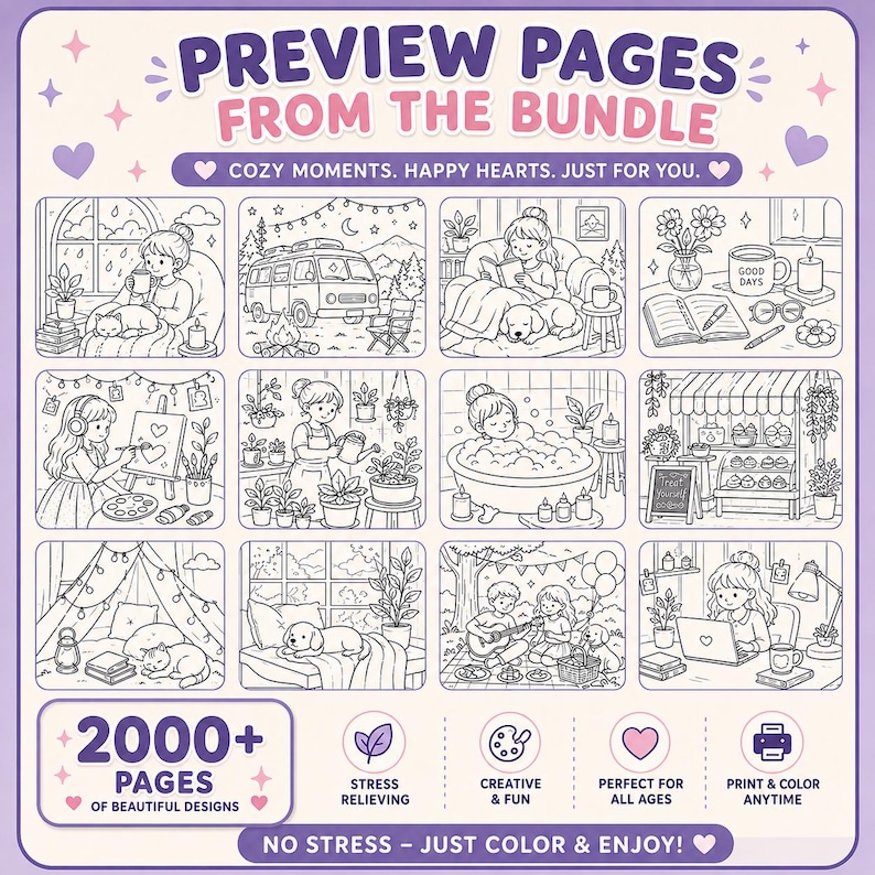 May include: A purple and white graphic with the text "PREVIEW PAGES FROM THE BUNDLE". It features 12 illustrated scenes of relaxing activities, with text that reads "2000+ PAGES OF BEAUTIFUL DESIGNS". Additional text includes "STRESS RELIEVING" and "PRINT & COLOR ANYTIME".