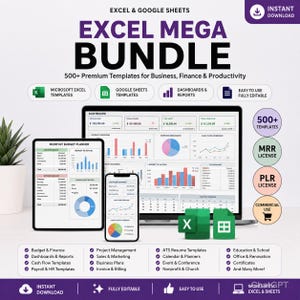 Op de afbeelding: Digitale "EXCEL MEGA BUNDLE" met meer dan 500 premium sjablonen voor zaken, financiën en productiviteit. Bevat Microsoft Excel- en Google Sheets-sjablonen, dashboards en rapporten. Weergegeven op laptop, tablet en telefoon.