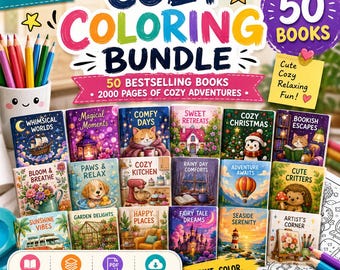 Cozy Coloring Pages Bundle, 50 Books, Stress Relief Art (PDF Download)