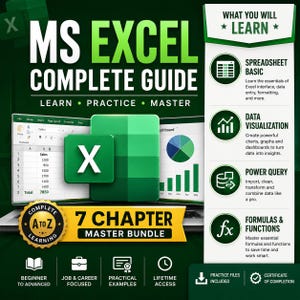 Puede incluir: Un gráfico verde oscuro con el texto "MS EXCEL COMPLETE GUIDE" y "7 CHAPTER MASTER BUNDLE". La imagen incluye el logotipo de Excel, una pantalla de portátil e iconos para conceptos básicos de hojas de cálculo, visualización de datos, Power Query y fórmulas.