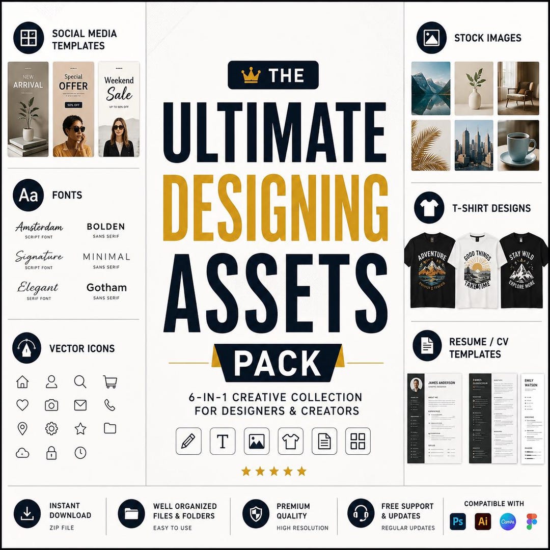 Design Asset Packs Ultimate Design Assets Pack: Templates, Fonts, Icons, Images, T-shirts ...