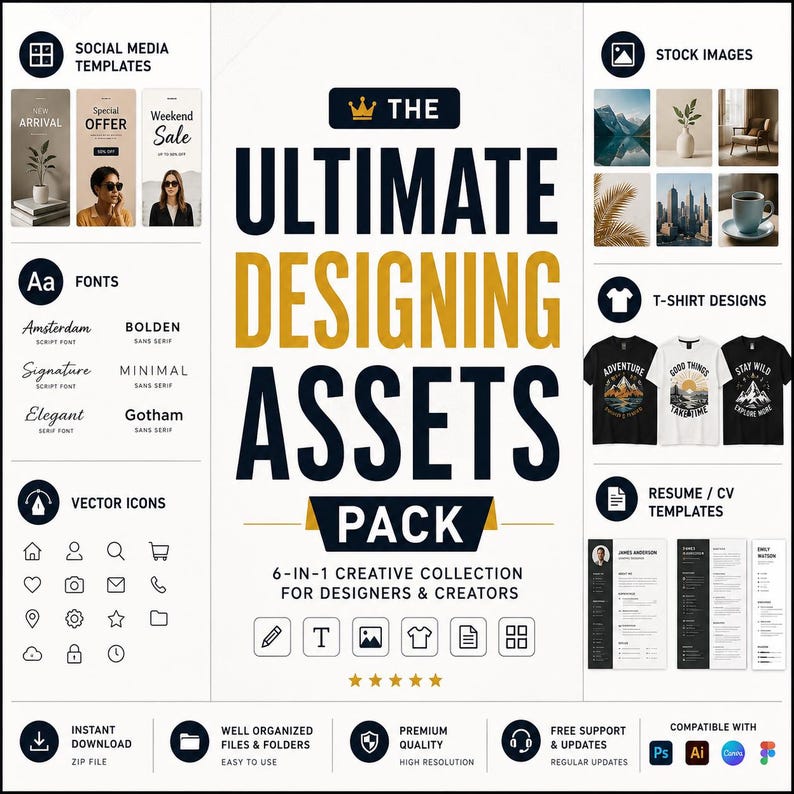 Ultimate Design Assets Pack: Templates, Fonts, Icons, Images, T-shirts ...