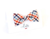men's bowtie self tied or pre tied for his gift seersucker orange blue plaid