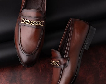 Handmade Brown Leather Chain Loafers | Luxury Men's Dress Shoes | Old Money Slip On