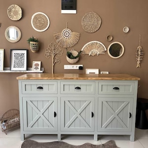 Farmhouse Sideboard   Modern Wooden Credenza with Drawers   Rustic Kitchen Buffet Server   X Large Entryway Console TV Stand Cabinet