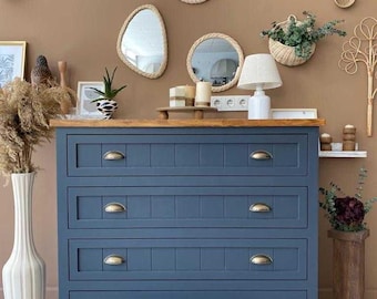 Navy Blue Wooden Dresser with 4 Drawers   Modern Chest of Drawers for Bedroom   Luxury Storage Cabinet   Wood Top Dresser