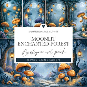 Pacchetto di sfondi Foresta Incantata Illuminata dalla Luna | Bundle PNG Foresta Fantasy | Sfondi Funghi Magici | Uso Commerciale