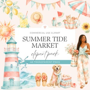 Könnte beinhalten: Aquarell-Illustration mit Sommerthema. Enthält einen Leuchtturm, einen Sonnenschirm, Limonade, eine Katze in einem Korb, einen Hund und den Text "SUMMER TIDE MARKET clipartpack". Das Bild hat eine weiche, pastellfarbene Farbpalette.
