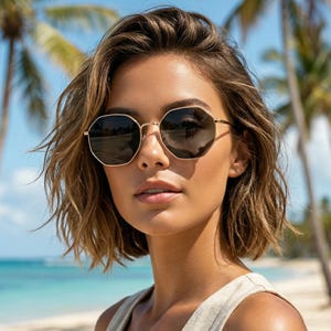 Könnte beinhalten: Eine Person trägt eine goldgerahmte, achteckige Sonnenbrille mit dunklen Gläsern. Die Sonnenbrille spiegelt eine Strandszene mit Palmen und blauem Himmel wider. Die Person hat kurze, wellige, braune Haare und trägt ein Oberteil in neutraler Farbe.