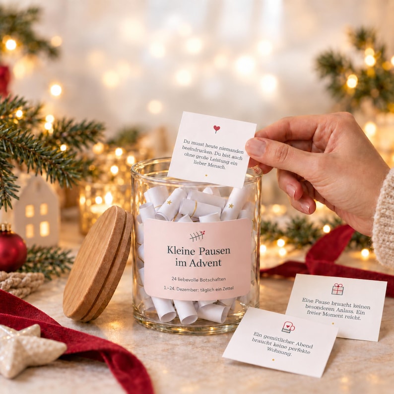 May include: A clear glass jar with a wooden lid containing rolled paper notes, featuring a label that reads "Kleine Pausen im Advent" and "24 liebevolle Botschaften". Two small white cards with German text and icons are placed nearby.