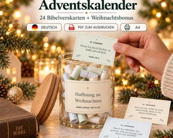May include: A clear glass jar filled with rolled paper slips, labeled 'Hoffnung zu Weihnachten' and 'BIBELVERSE IM GLAS'. The jar includes 24 Bible verse cards for an advent calendar, with text in German. A wooden lid sits beside the jar.