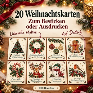 20 Weihnachtskarten zum Besticken oder Ausdrucken, PDF mit Anleitung, Papierstickerei mit Perlen, DIY Bastelvorlagen für Weihnachtsgeschenke