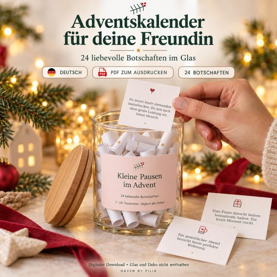 Adventskalender im Glas zum Ausdrucken für die Freundin, 24 liebevolle Botschaften, DIY Geschenk, PDF Deutsch