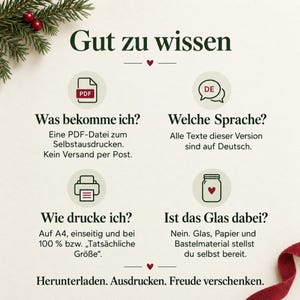 May include: An informational graphic titled Gut zu wissen with four sections featuring icons for a PDF, language, printer, and jar. The text explains that this is a digital PDF file for self-printing in German, requiring A4 paper, and that no physical glass or materials are included.