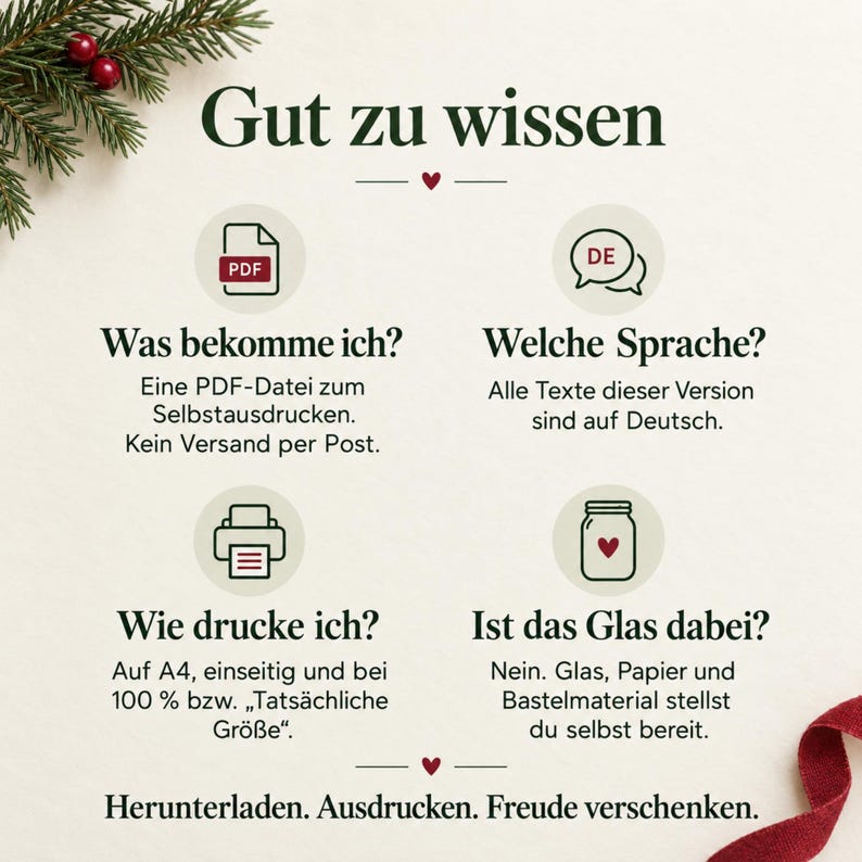 May include: An informational graphic titled Gut zu wissen with four sections featuring icons for a PDF, language, printer, and jar. The text explains that this is a digital PDF file for self-printing in German, requiring A4 paper, and that no physical glass or materials are included.