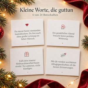 May include: Four white rectangular cards with German text and small icons including a heart, a mitten, a gift box, and a pine branch. The top heading reads Kleine Worte, die guttun 4 von 24 Botschaften. Each card features a small gold star at the bottom.