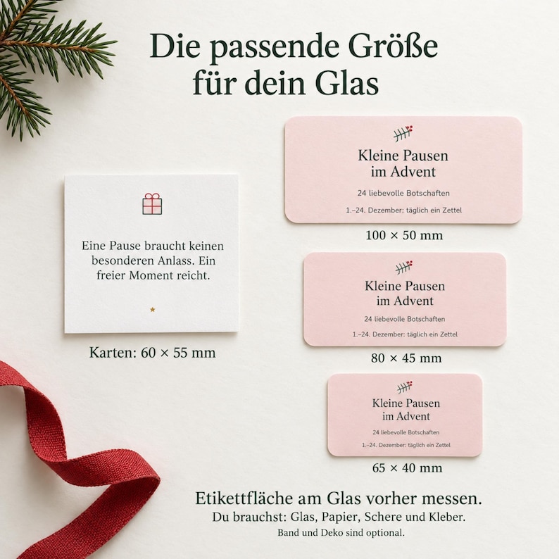 May include: A set of rectangular paper cards in various sizes, including one square card measuring 60 x 55 mm and three pink rectangular cards measuring 100 x 50 mm, 80 x 45 mm, and 65 x 40 mm, all featuring German text and holiday icons.