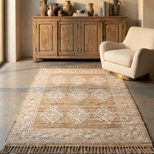Peut inclure: Un tapis rectangulaire en jute naturel beige orné d'un motif géométrique en losanges blancs et d'une bordure décorative. Le tapis présente des franges sur les bords supérieur et inférieur, avec une texture tissée visible sur toute la surface.