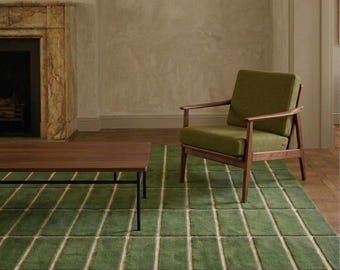 Marimekko Tiiliskivi Hand Tufted Rug, Forest Green Grid Area Rug, Minimalist Scandi Brick Carpet