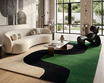 Marimekko Seireeni Hand Tufted Rug, Forest Green Wavy Line Area Rug, Minimalist Abstract Ribbon