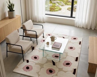Marimekko Unikko Hand Tufted Rug, Beige Pink Floral Poppy Maija Isola Area Rug.
