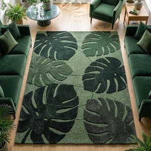 Alfombra con diseño de hojas de monstera, alfombra tropical botánica verde en capas, hojas de plantas 3D, alfombra grande personalizada, decoración de la jungla