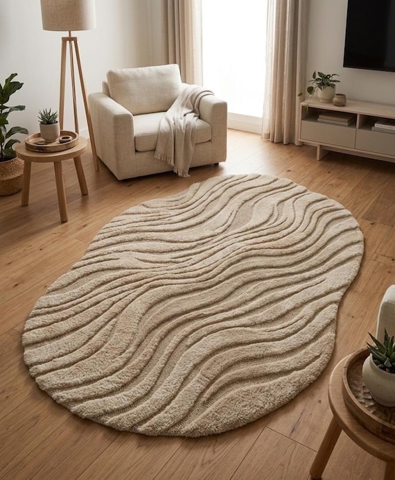 Beige Irregular Wavy Area Rug, 3D Hand Tufted Sand Ripple Carpet, Unique Shaped Neutral