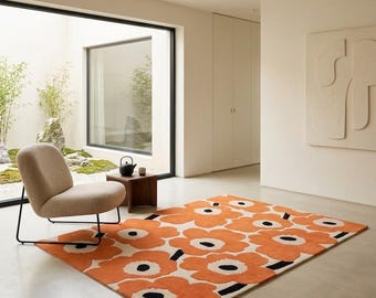 Marimekko Unikko Hand Tufted Rug, Maija Isola Orange Floral Poppy Area Rug,