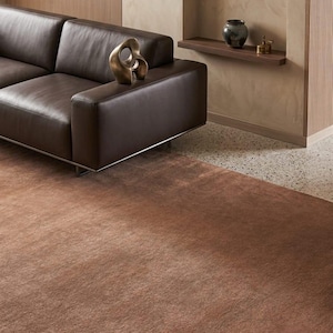 May include: A dark brown leather sofa with a metallic abstract sculpture on the armrest, positioned on a large, textured, solid brown area rug. The floor features a light-colored speckled pattern, and a wooden shelf holds a dark vase and object.