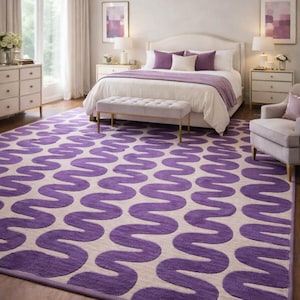 Hand Tufted Purple Wavy Rug | Modern Geometric Wool Area Rug