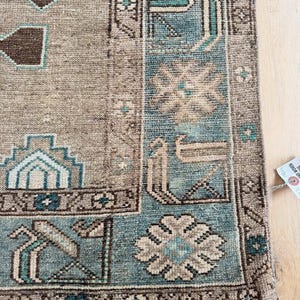 Hand Knotted Wool Runner Rug, Vintage Oushak Rug, 3x6 Turkish Runner, Neutral Brown Blue Kitchen Runner, Handwoven Tribal Hallway Area Rug