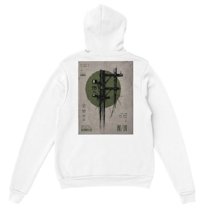 May include: White hooded sweatshirt with a graphic on the back featuring a stylized telephone pole design in black and green against a beige background. The design includes text and a green circle. The sweatshirt has a drawstring hood.